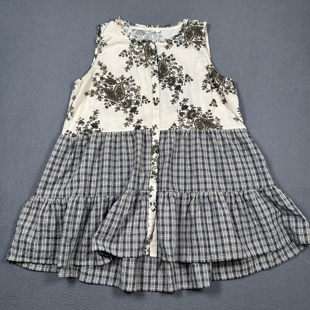 Natural Life Tunic Women Medium Cream Paisley Plaid Mixed Media Tiered Babydoll